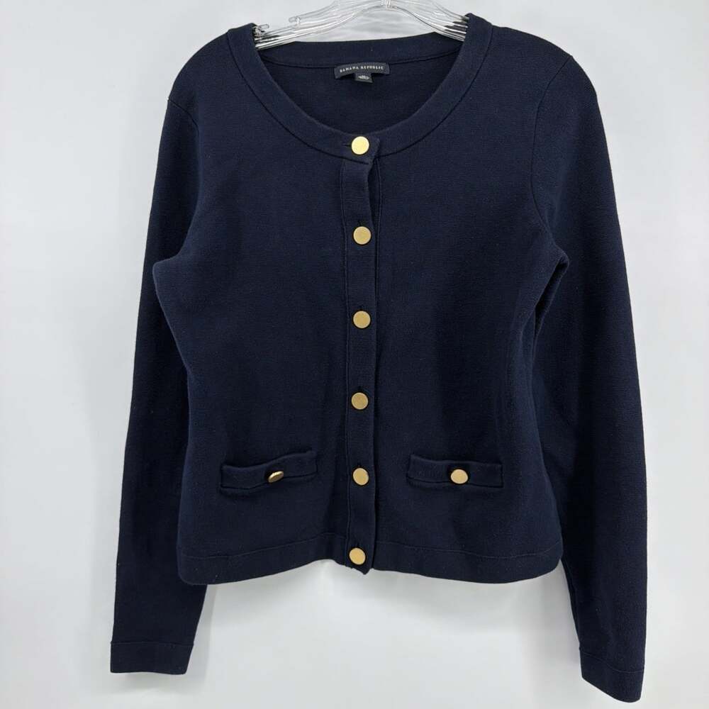 Banana Republic Cotton Jacket Cardigan Sweater Sz M Navy Old Money Classic